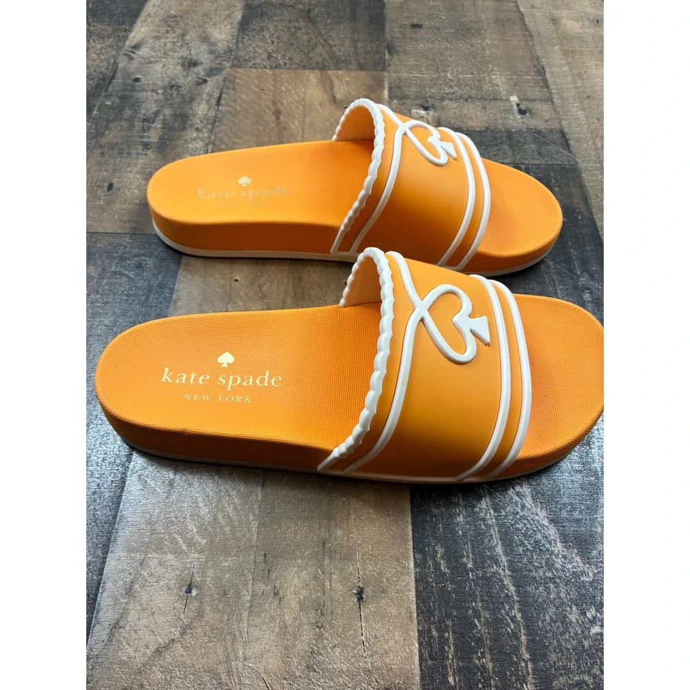 Kate Spade Brigitte Slide Sandals Womens 8B Orange White Logo Rubber Pool Shoes
